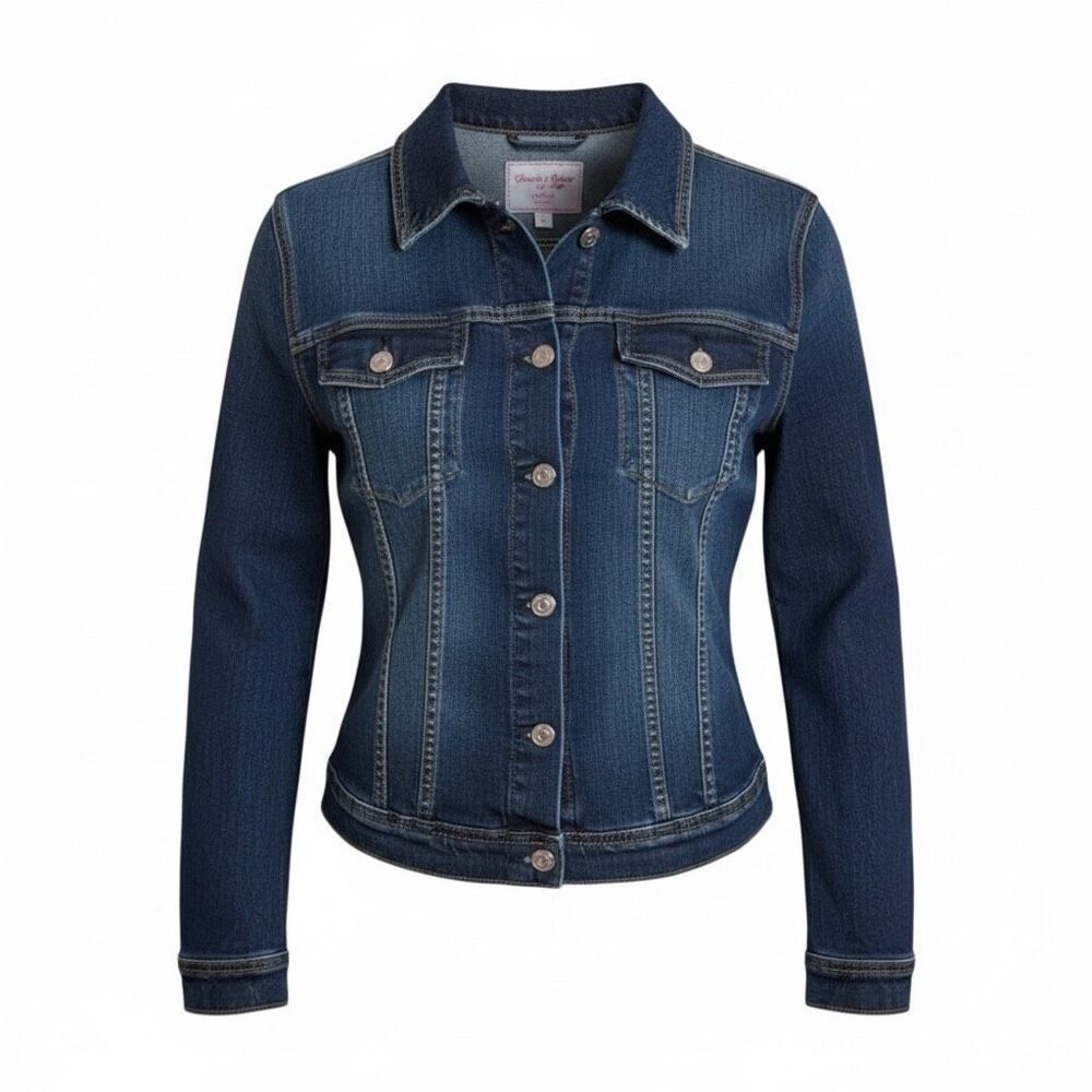Vintage Old Navy Button Front Cropped Denim Trucker Jacket Dark Wash Blue Sz XL